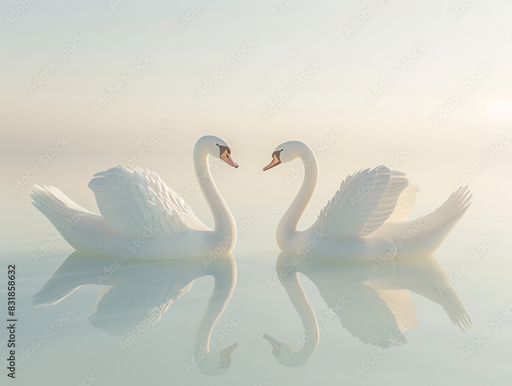 High-altitude shot of swans swimming in a calm lake with a clear sky background, ideal for text placement High-altitude shot of swans swimming in a calm lake with a clear sky background, ideal for text placement
