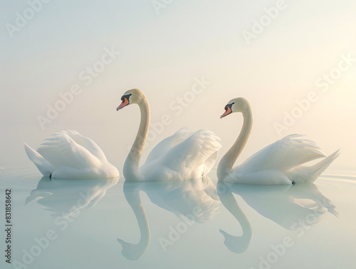 High-altitude shot of swans swimming in a calm lake with a clear sky background  ideal for text placement