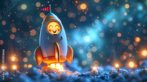 A whimsical 3D art toy rocket ship with a smiling face painted on the front and tiny flags on its tail fins. Soft, warm light illuminates the spaceship against a deep space blue background with photo