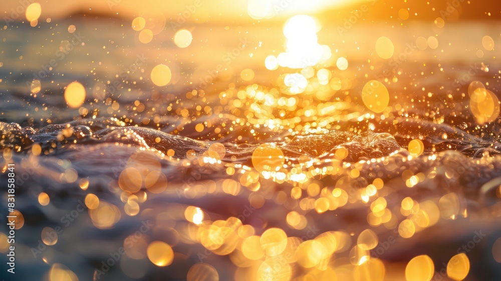Highlight the serene ambiance of summer sunsets with an image showcasing a bokeh abstract blurred background, enhanced by golden lighting bokeh on the sea. Highlight the serene ambiance of summer sunsets with an image showcasing a bokeh abstract blurred background, enhanced by golden lighting bokeh on the sea.