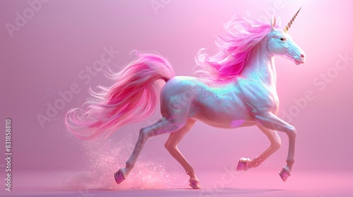 A posable 3D art toy unicorn with a sparkly horn and a flowing mane of colorful yarn, prancing on one hoof. Soft, warm light illuminates the unicorn against a calming lavender background. Cartoon,