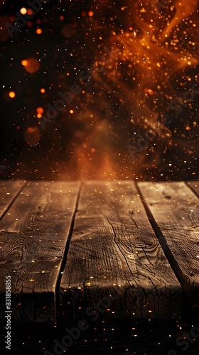 wooden table with fire burning, light smoke and golden sparks floating in the air
