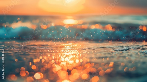 Showcase the enchanting allure of coastal landscapes with a photo featuring a bokeh abstract blurred background, adorned with sparkling lighting bokeh on the sea.