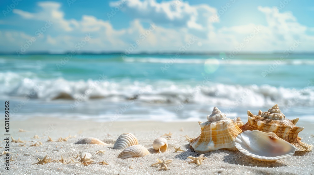 Emphasize the natural elements of coastal beauty with a photo featuring an empty sand beach adorned with shells, set against the azure hues of a summer sea. Emphasize the natural elements of coastal beauty with a photo featuring an empty sand beach adorned with shells, set against the azure hues of a summer sea.
