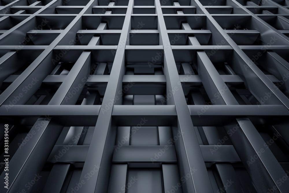 Full frame of abstract graphic 3d illustration of symmetrical repeating dark gray patterns of geometric shapes and lines with shadows
