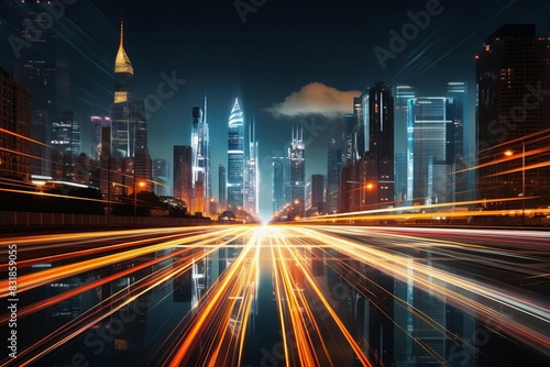 Another cityscape with light trails from moving vehicles at night,