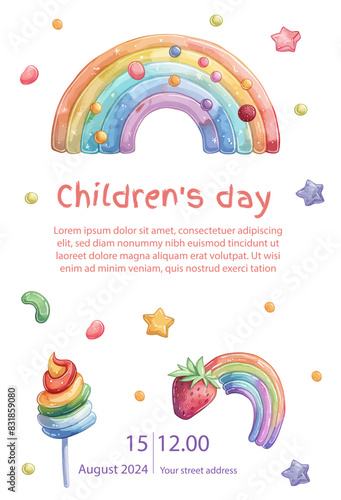 Children's day Poster invitation vector illustration. Kids playing in spring field