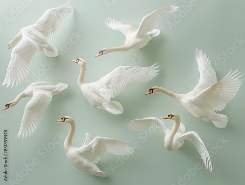 Overhead shot of a flock of swans gracefully moving across a lake, ideal for text addition