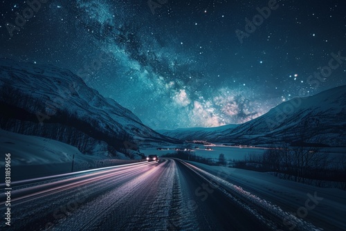 Scenic view of automobile driving on empty mountainous road in winter under night sky glowing stars of milky way  photo