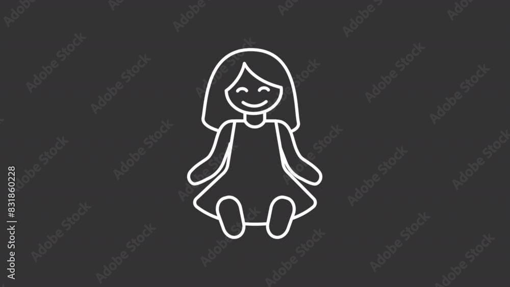 Animated dress doll white icon. Kids toy line animation. Moving hands, shaking legs. Childhood game. Isolated illustration on dark background. Transition alpha video. Motion graphic Animated dress doll white icon. Kids toy line animation. Moving hands, shaking legs. Childhood game. Isolated illustration on dark background. Transition alpha video. Motion graphic