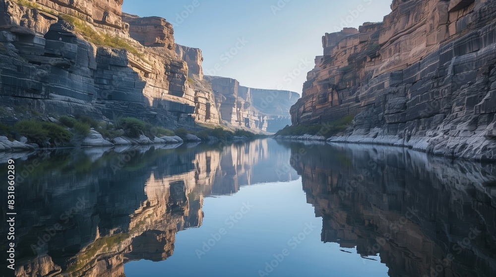 A serene river winds through a deep canyon, its calm waters reflecting the steep rock walls, creating a mesmerizing scene.