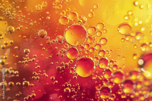 A macro shot of delicate bubbles rising in iced soda  lit with a spectrum of red and yellow light