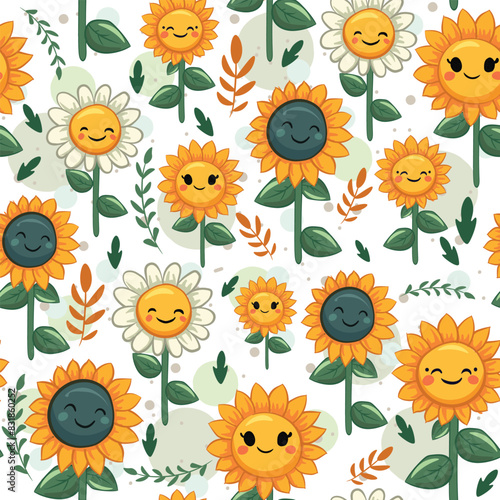 Spring and summer seamless pattern with happy sunglowers and daisies. Floral repetitive background with yellow flowers with a smile and leaves.