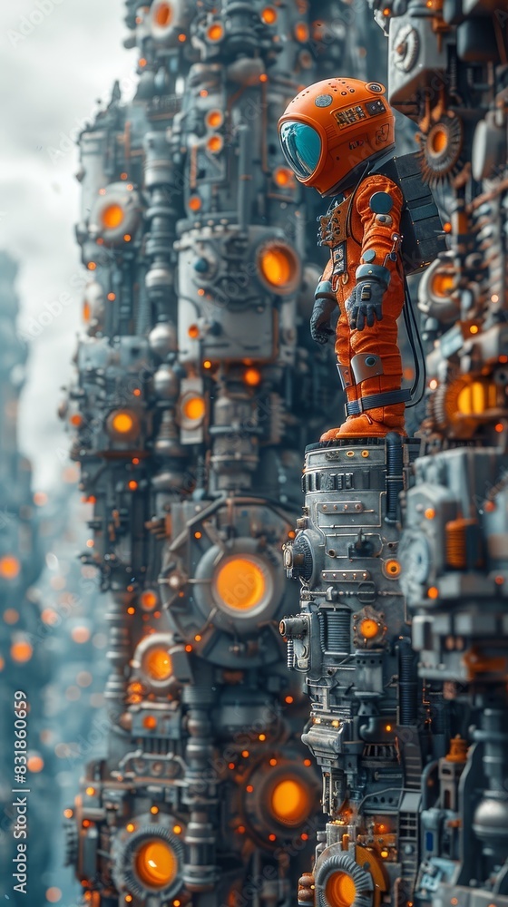 Obraz premium 3D illustration of an astronaut in an orange spacesuit standing on a futuristic structure with glowing orange lights