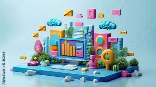 3D illustration of project management with floating icons, computer screen, and nature elements