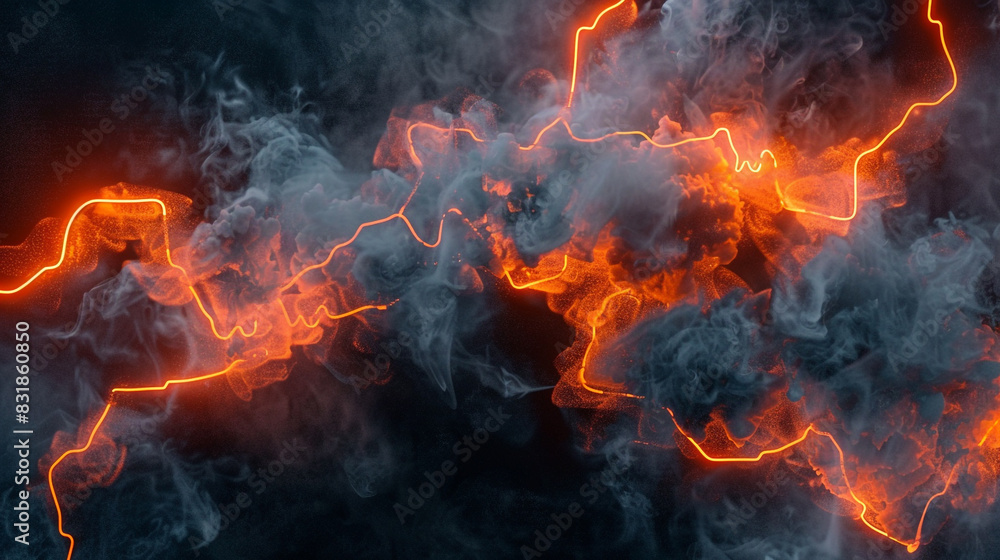 Fototapeta premium Stylish concert backdrop with dark grey smoke and eye-catching orange neon,