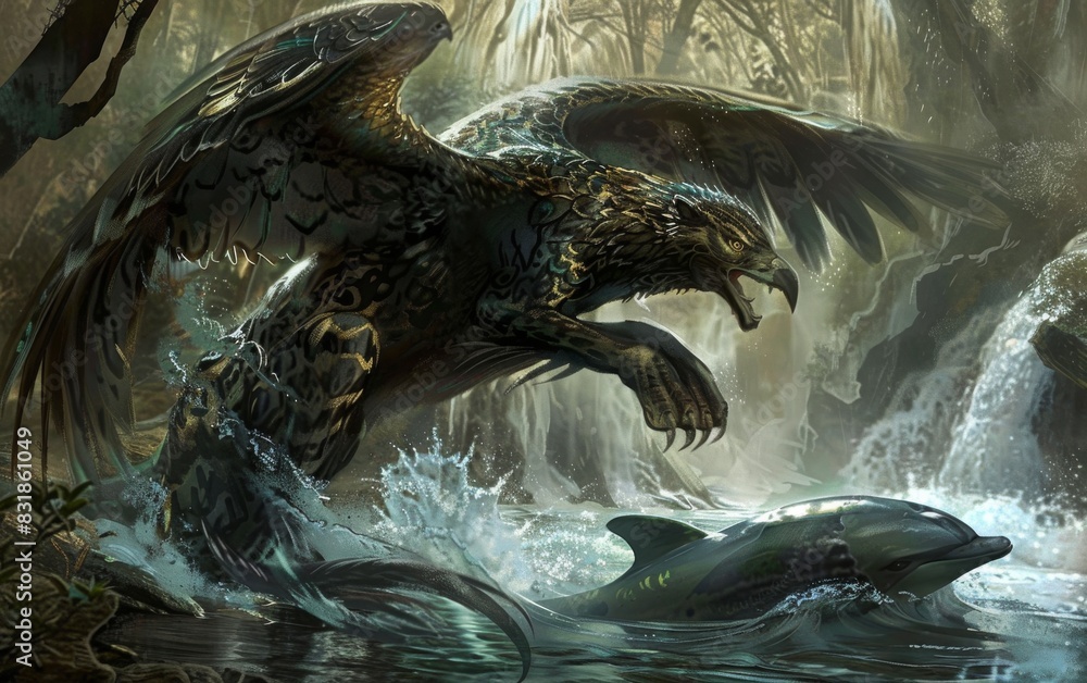 Craft a chimeric being with the head of a majestic eagle, the body of a ...