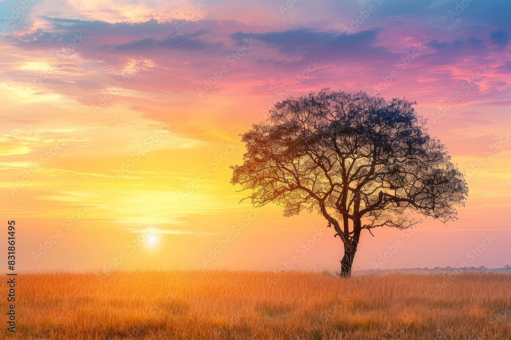 Lonely tree standing in a field against a beautiful sunset background Lonely tree standing in a field against a beautiful sunset background