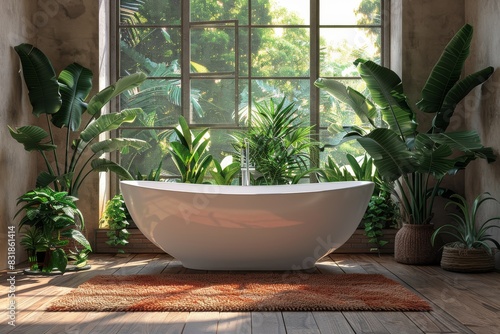 Bright bathroom with freestanding tub and large window, featuring indoor plants and natural light