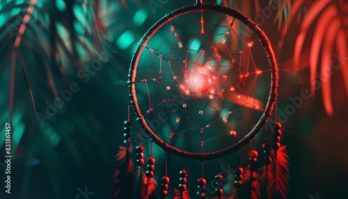 Design a mesmerizing Digital Dream Catcher with neon colors, glowing effects, and a cyberpunk aesthetic photo