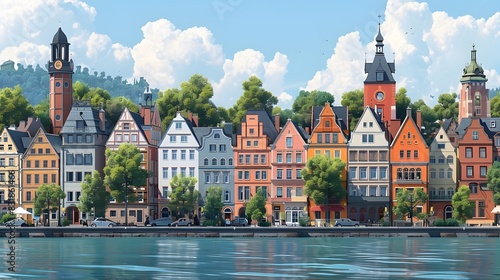 D Cartoon of Notable Rhine River Architecture in Germany photo