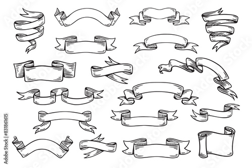 Hand drawn ribbons vintage set. Doodle style black color sketch. Isolated elements.