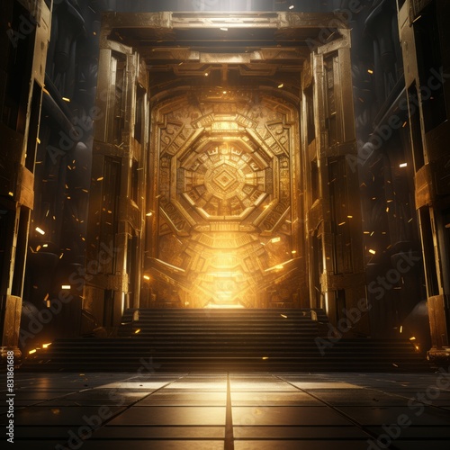 A majestic golden vault door slightly ajar  revealing stacks of gleaming gold bars and scattered glittering gemstones  photorealistic  sharp focus  digital rendering