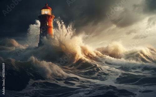 A solitary lighthouse standing resilient amid a stormy sea, waves crashing dramatically, CG 3D rendering with hyper-realistic textures and dynamic lighting