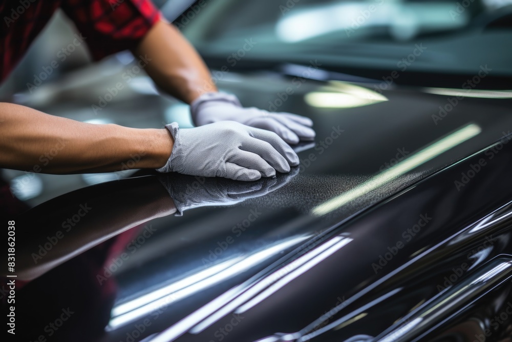 A man is cleaning the vehicles windshield in the garage A man is cleaning the vehicles windshield in the garage