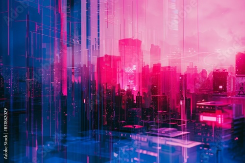 A cyberpunk cityscape refracted through a prism  highlighting neon pinks and electric blues against a backdrop of dark grays