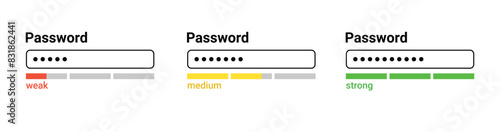 Password weak, medium, strong interface. Password website template. Digital security bar interface