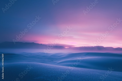 Capture the essence of a desert twilight  where the refracted light creates a mirage of cool blues and soft purples