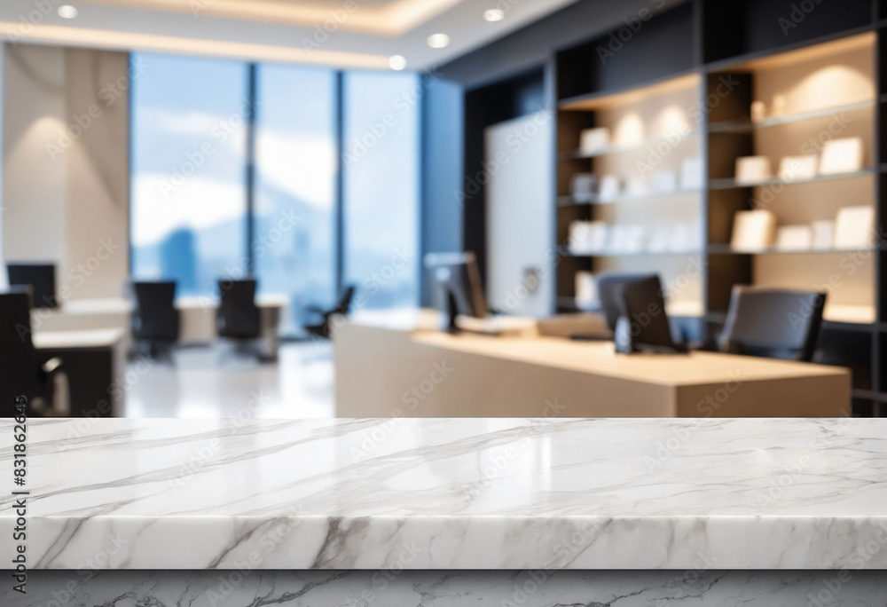 Marble stone tabletop and blurred bokeh office interior space background - can used for display or montage your products Marble stone tabletop and blurred bokeh office interior space background - can used for display or montage your products
