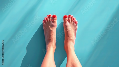 Edema (swelling) after cancer treatment. Illustration of swollen feet symptoms in flat design, top view, gradient blue background, emphasis on red swollen areas, minimalistic approach