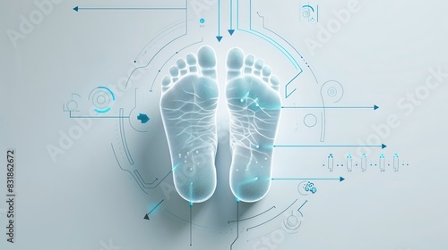 Top view flat design, feet showing signs of swelling, medical infographic style, clear labels and arrows, white and blue color scheme, simple lines photo