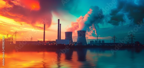 Energy sector in heavy industry close up, focus on, copy space, vibrant colors, Double exposure silhouette with power plants