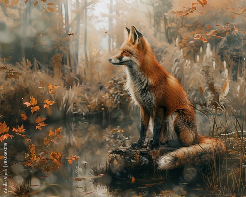 Bring to life a whimsical, anthropomorphic fox in a digital painting, exuding elegance and grace in a woodland setting