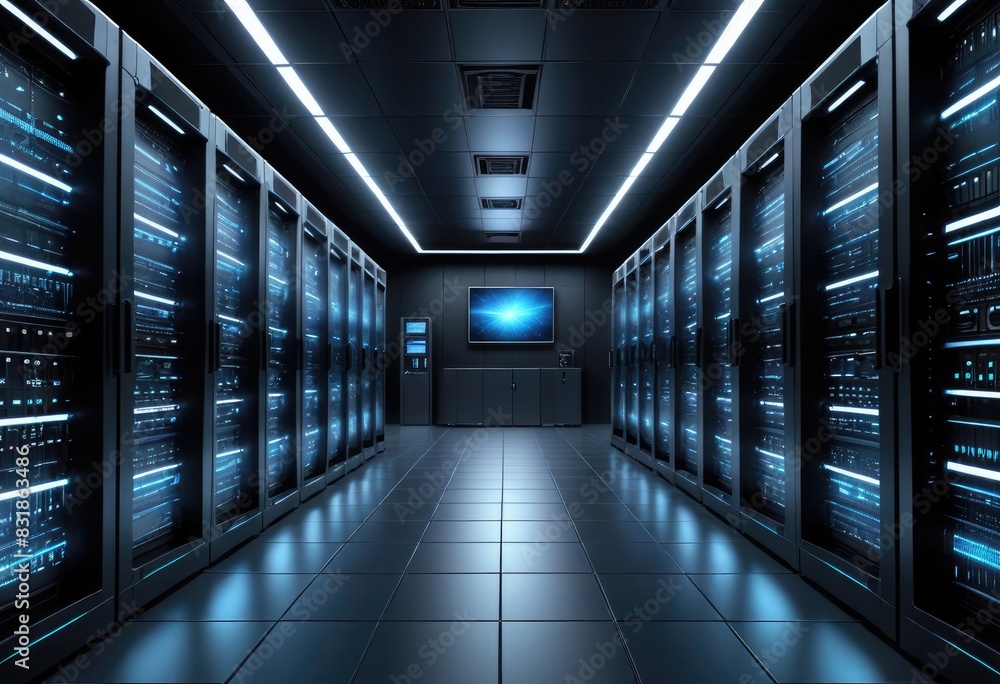 futuristic data center with rows of high-tech servers and glowing LED lights, set in a dark, cool-toned environment that showcases advanced computing power.