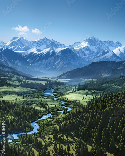 A mountain range with a river running through it photo