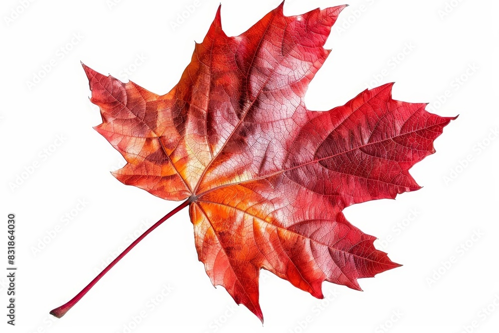 Fototapeta premium Vibrant red maple leaf, isolated on white background, 