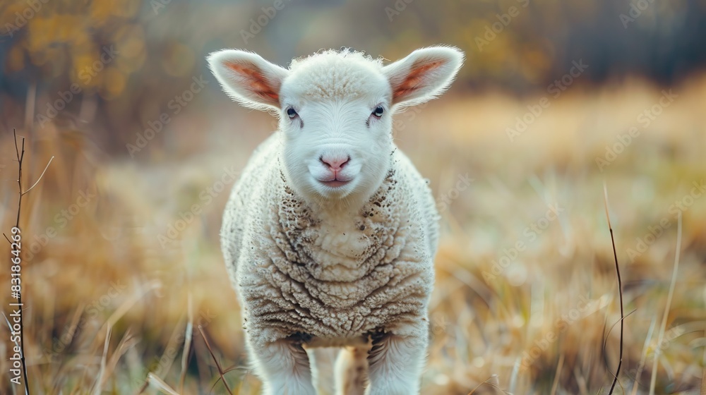 Obraz premium Cute lamb standing on grass in field with blurred background farm animal nature concept