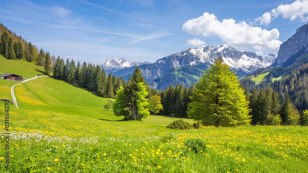 Obraz premium Idyllic mountain landscape in the Alps with blooming meadows in springtime
