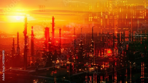 Advanced oil refinery technology close up  focus on  copy space  vibrant colors  Double exposure silhouette with pipelines