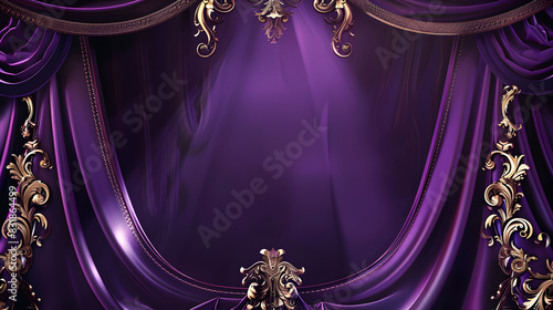 A purple curtain with gold trim is hanging in the background
