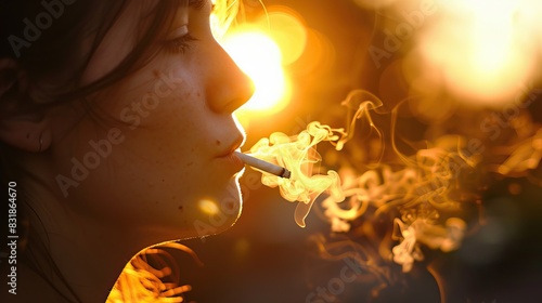 Close-up of a person smoking a cigarette with smoke and warm golden sunset light in the background profile silhouette outdoor