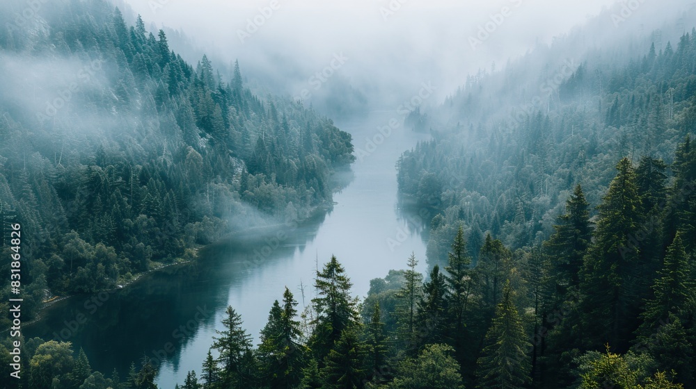 Misty forested mountains with river in the valley surrounded by dense evergreen trees and foggy atmosphere nature landscape wilderness