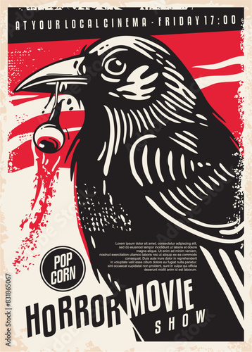 Horror movie festival retro poster design with black raven eating a human eye. Vintage cinema flyer for horror film. Vector illustration.