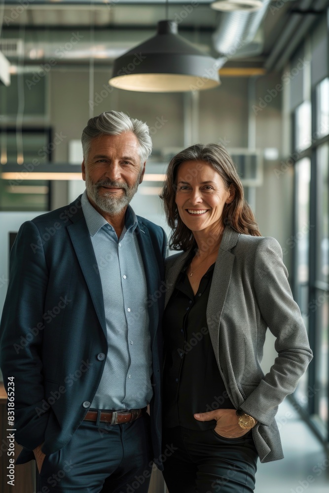 A man and a woman are posing for a picture in a room with a light hanging from the ceiling A man and a woman are posing for a picture in a room with a light hanging from the ceiling