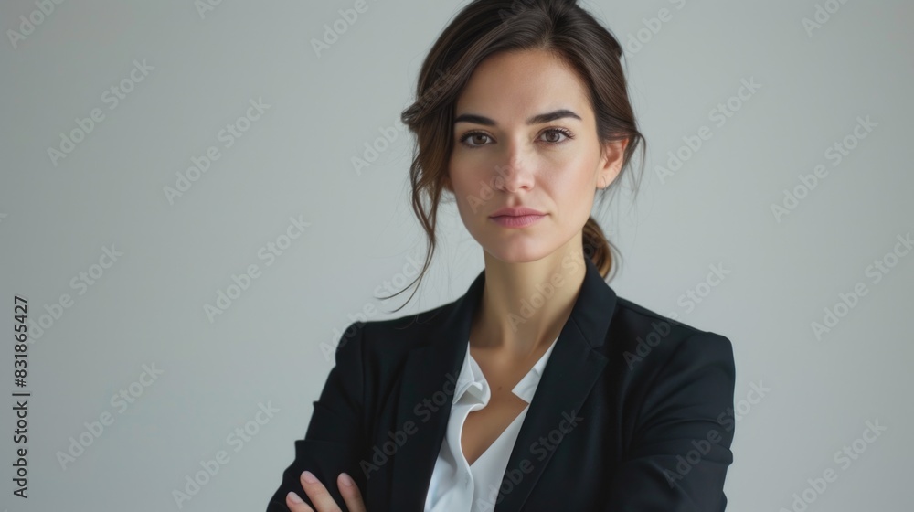 A woman in a business suit is standing with her arms crossed and looking directly at the camera. She is confident and assertive A woman in a business suit is standing with her arms crossed and looking directly at the camera. She is confident and assertive