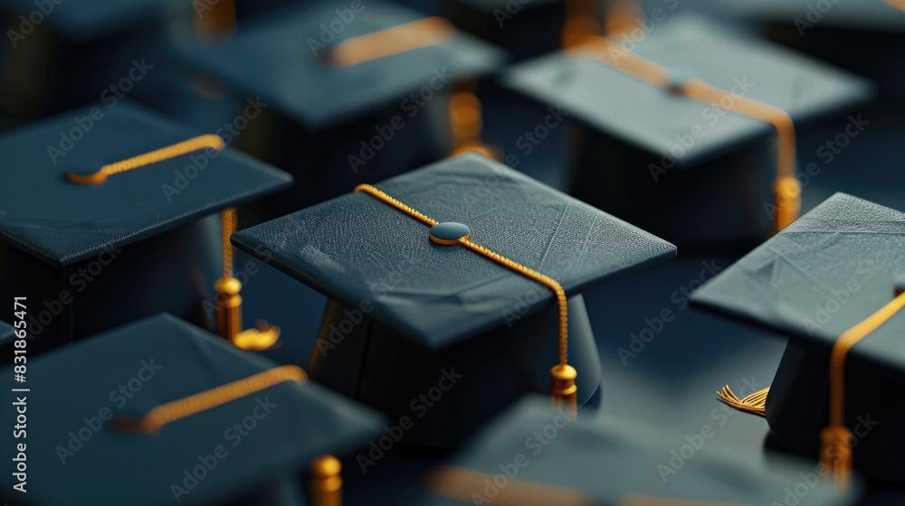 A row of black graduation caps with gold tassels. The caps are all lined up and facing the same direction A row of black graduation caps with gold tassels. The caps are all lined up and facing the same direction